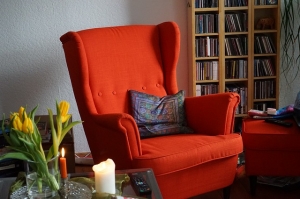 Roter Ohrensessel vor einem Bücherregal. © Hans / pixabay.com