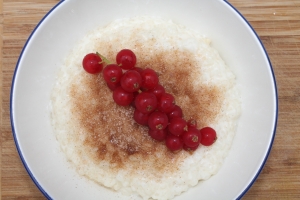 Ein Teller mit Michreis und Einer Rispe rote Johannisbeeren.
Bildquelle: TLink pixabay.com